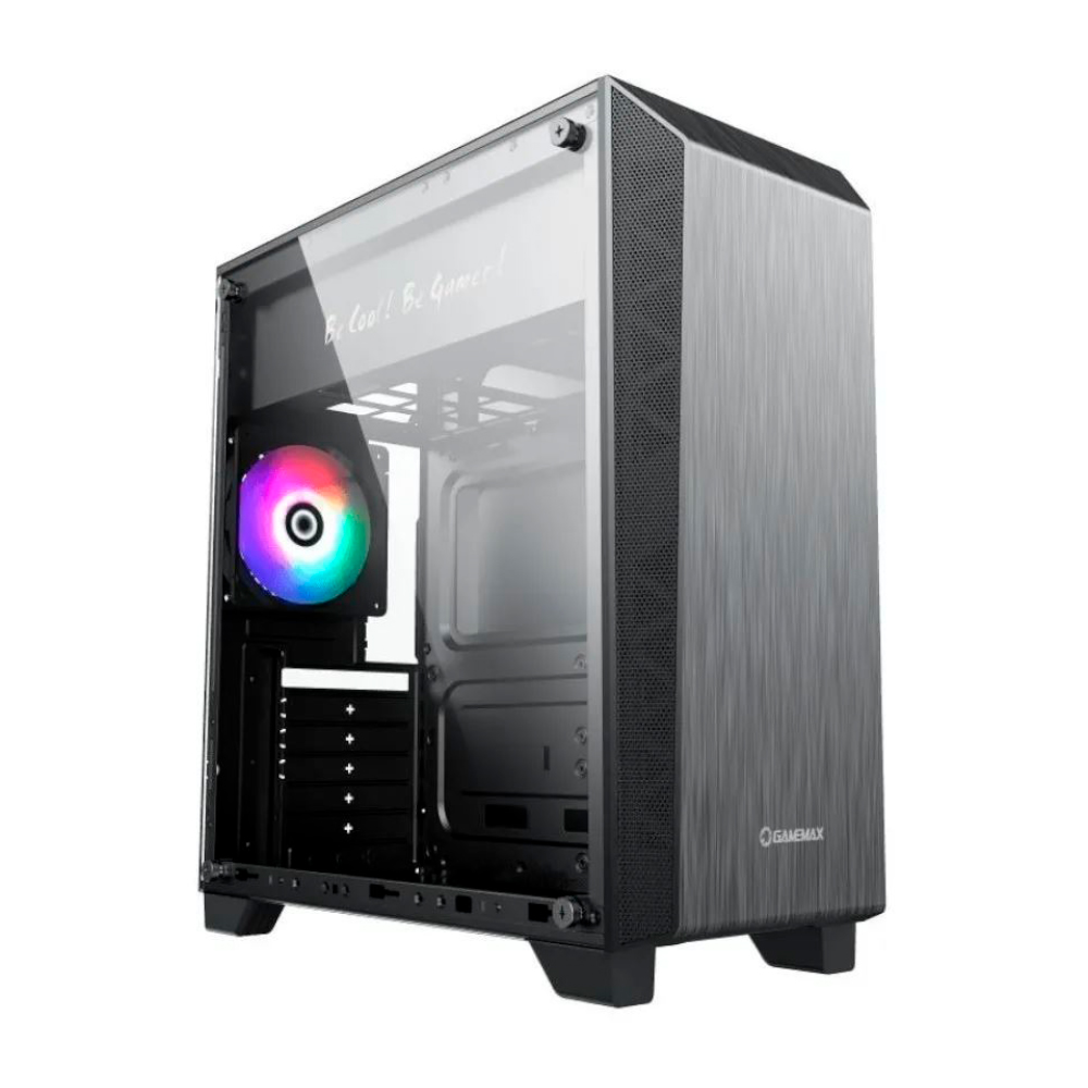 2619 Mid-tower PC case with a tempered glass side panel and a rainbow RGB fan visible inside.