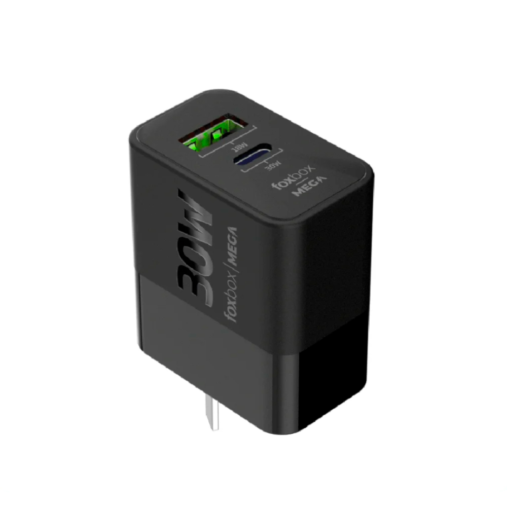 4801 1 Black dual-port USB wall charger with two top ports (green and blue) and 30W label on the body
