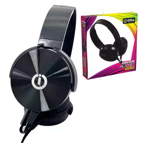 5291-1 Over-ear black wired headphones with glossy circular ear cups, shown beside their colorful packaging (Auricular Headset HS100).