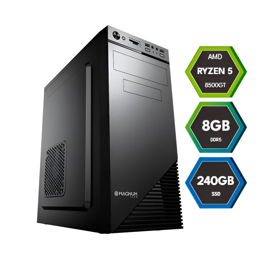 PRODUCTO_PC SIN GRAFICA AMD RYZEN 5 8GB (PC-OP35) (1) Black mid-tower desktop computer with Ryzen 5 processor and badges indicating 8GB RAM and 240GB SSD