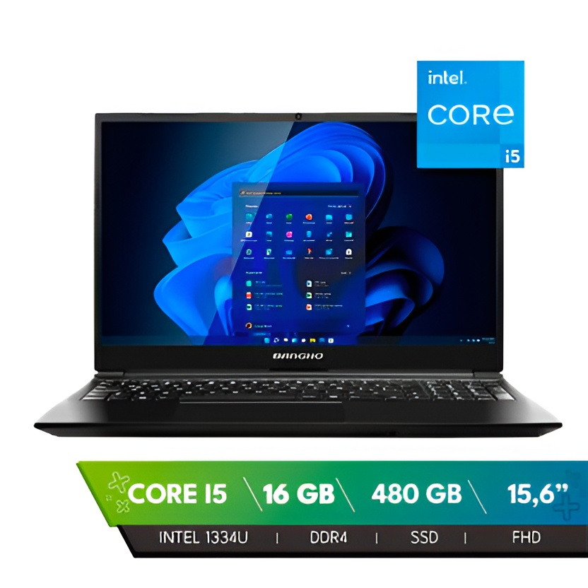 BANGHO 16GB - 6059 (42341) Laptop with Windows desktop on screen; Intel Core i5 badge in top-right corner and spec strip below showing 16 GB, 480 GB, 15.6" screen.