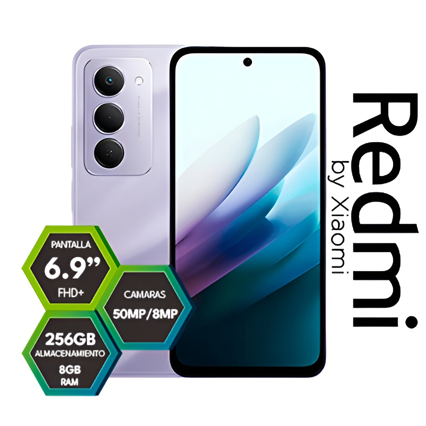 REDMI 62051 (1) Purple Redmi smartphone with triple cameras and a large edge-to-edge display; badges indicate 6.9" FHD+, 50MP/8MP cameras, 256GB storage, 8GB RAM.