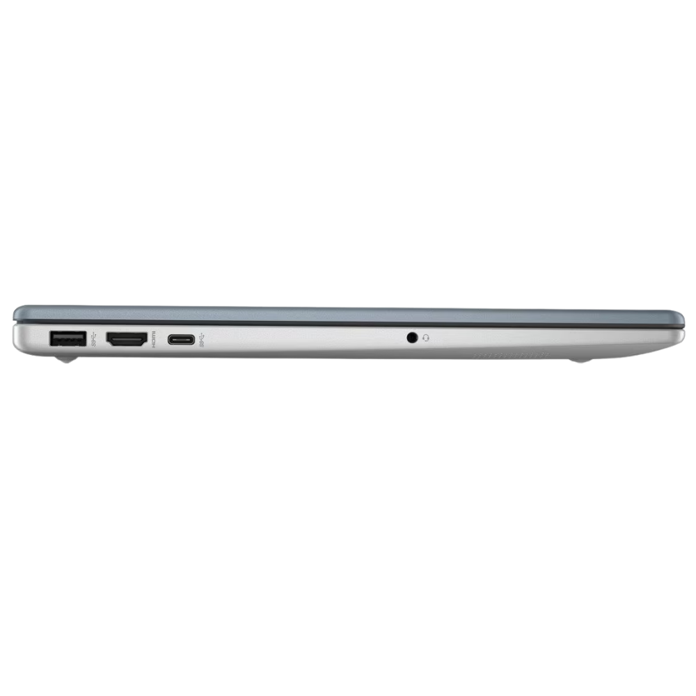 Side view of a closed silver laptop showing left-edge ports: USB-A, HDMI, USB-C, and a headphone jack