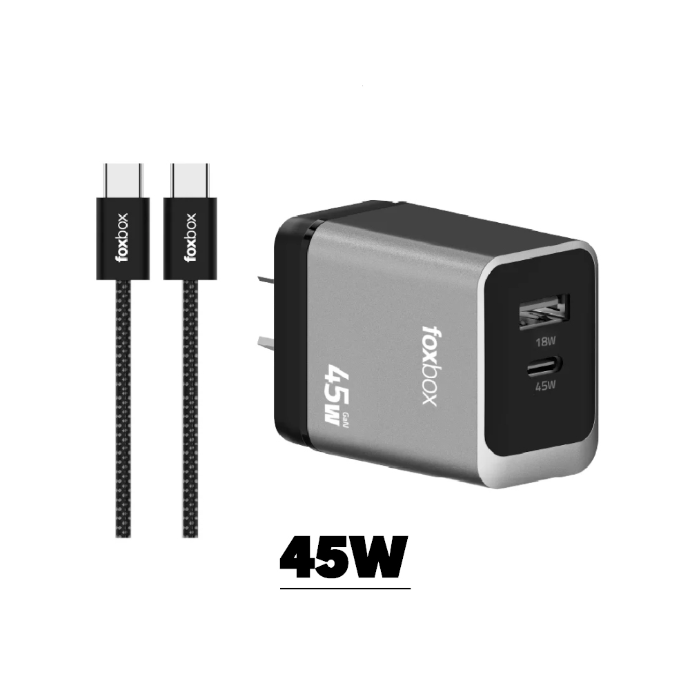 6273 Foxbox 45W GaN wall charger with two USB-C ports and two braided USB-C cables included.