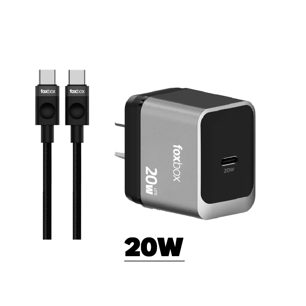 6276 Foxbox 20W USB-C wall charger with two braided USB-C cables nearby.