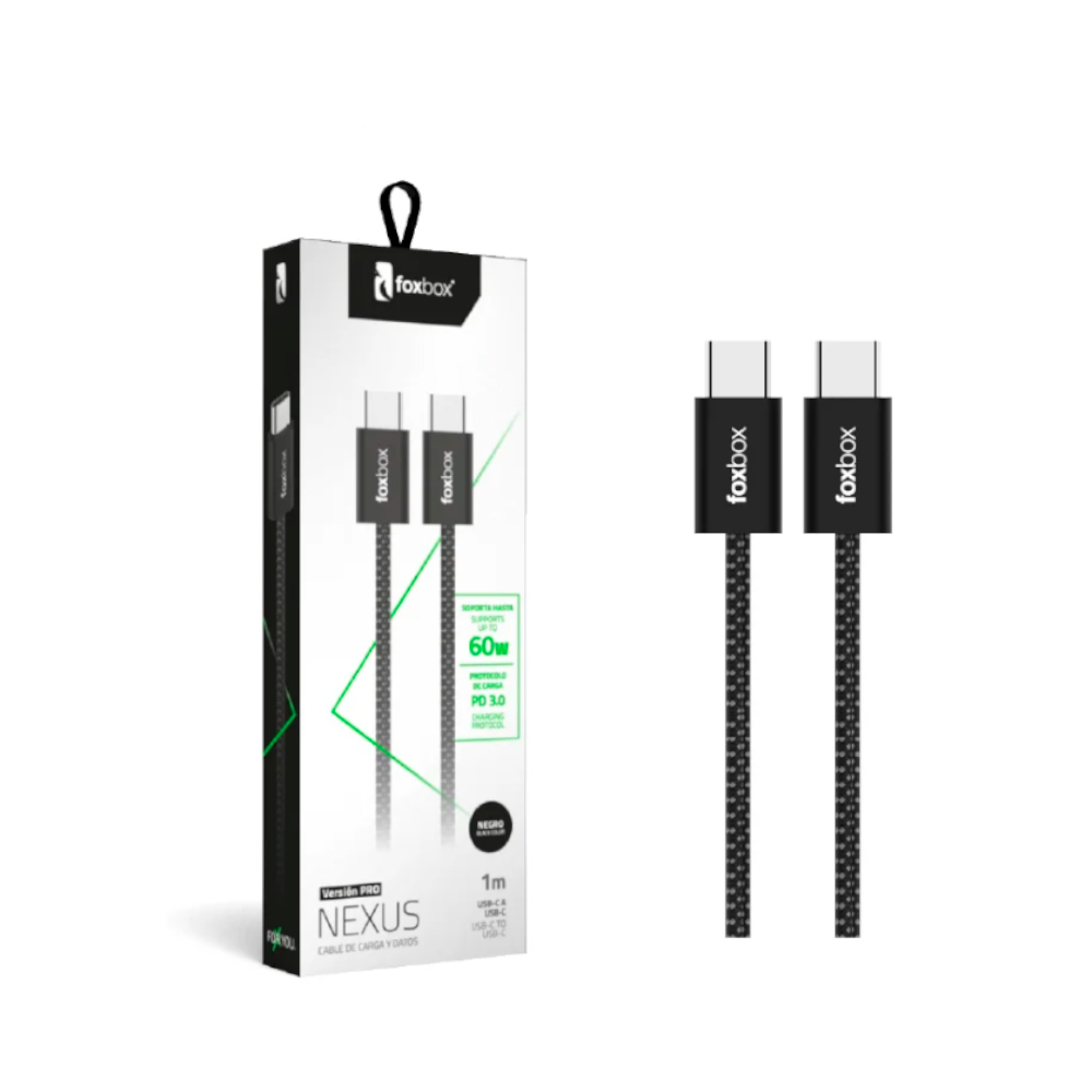 6277 Foxbox Nexus USB-C to USB-C charging cables in packaging; black braided cables, 1 m, 60W power, two cables shown.