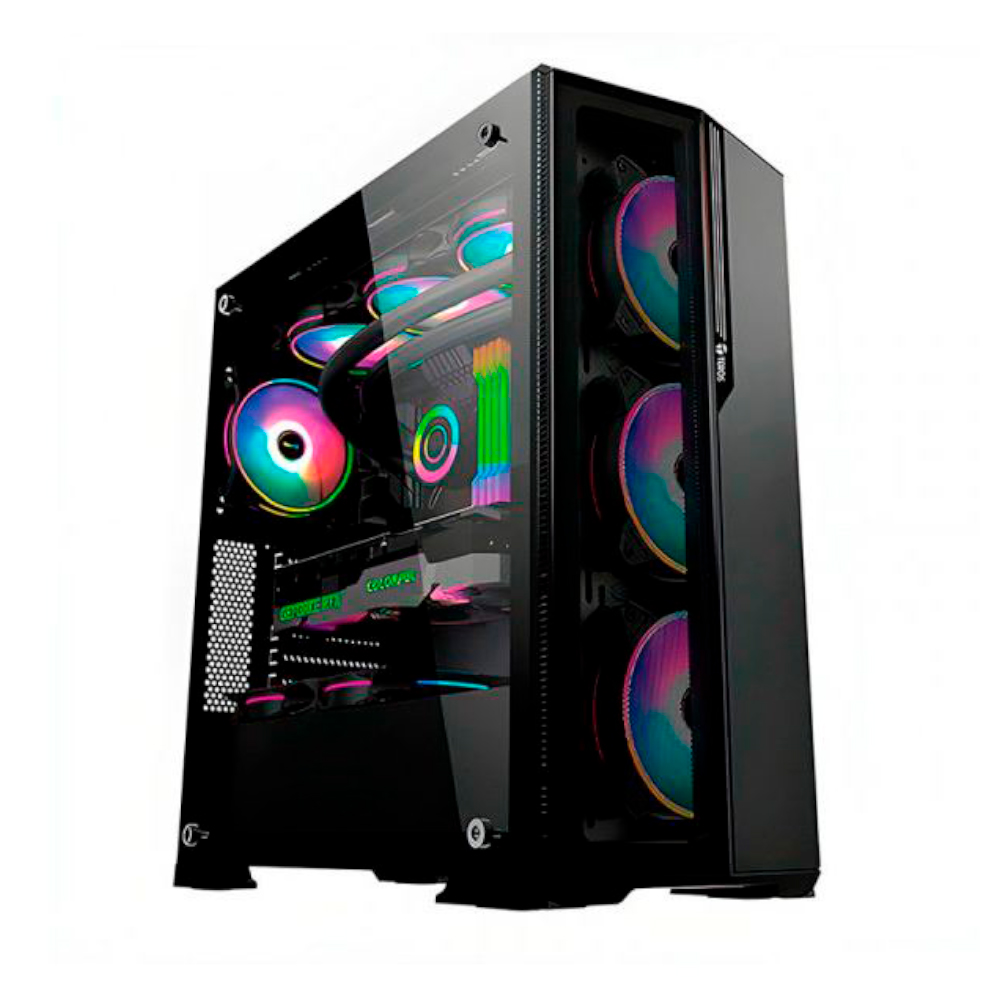 6306 Black gaming PC tower with RGB-lit fans visible through a glass side panel