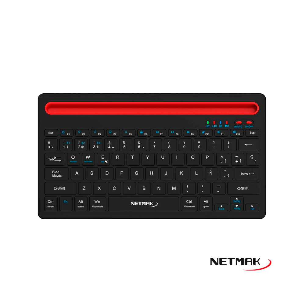 6314 Compact black Netmak keyboard with a red translucent slot at the top and blue backlit keys.
