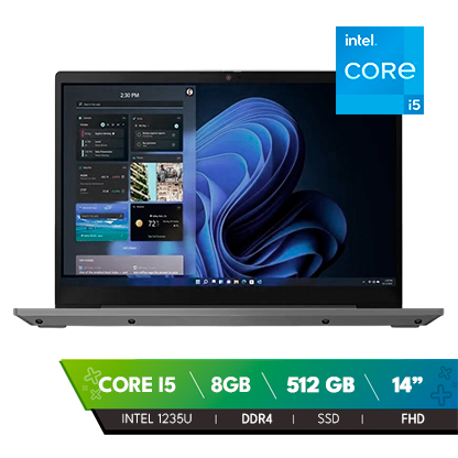 LENOVO THINKBOOK 14 (6308) Open laptop showing Windows desktop on blue wallpaper; Intel Core i5 badge in corner; green spec banner reads Core i5, 8GB RAM, 512GB SSD, 14" FHD.