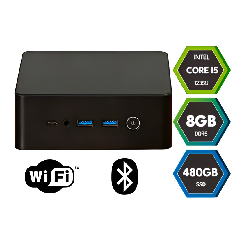 MINI PC BANGHO 8GB (1) Mini desktop PC with front ports (USB, power button) and stickers indicating Intel Core i5, 8GB DDR5, 480GB SSD; also shows Wi‑Fi and Bluetooth icons.