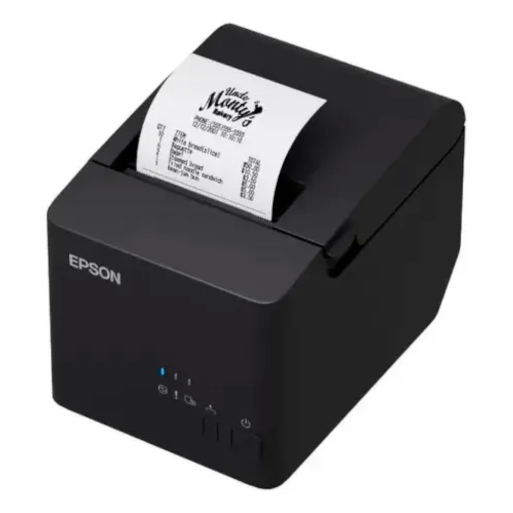 6398 Compact black Epson receipt printer printing a receipt with a blue status light on the front.