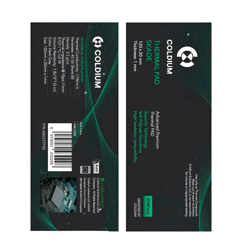 6418 Front and back views of Coldium thermal pad packaging: dark teal/black with green curves, brand logo, and 'THERMAL PAD' label on the front; back shows features and specifications.